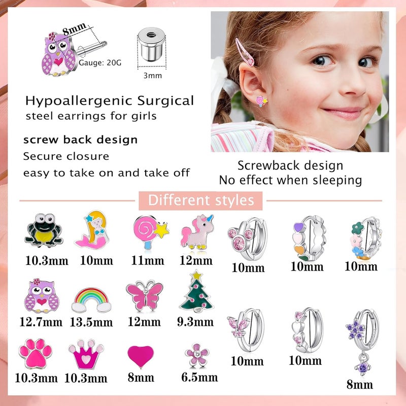 SYNLIN 15 Pairs Stud Earrings Set :12 Pairs Unique Cartoon Flat Back Earrings & 3 Pairs Mini Hoops with Stainless Steel Posts and Screwback Earring - Image 2
